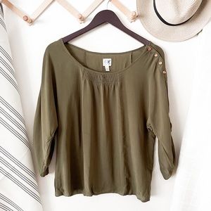 Anthropologie Edme & Esyllte Olive Tab Sleeve Button Shoulder Top